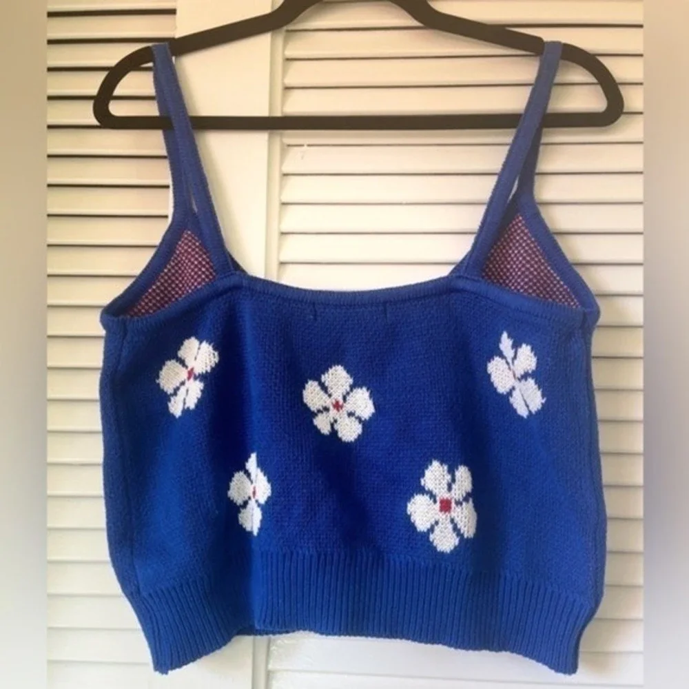 Knit Cropped Sweater Tank Cami Flowers Bright Blue‎ 90s Y2K Sz Small
